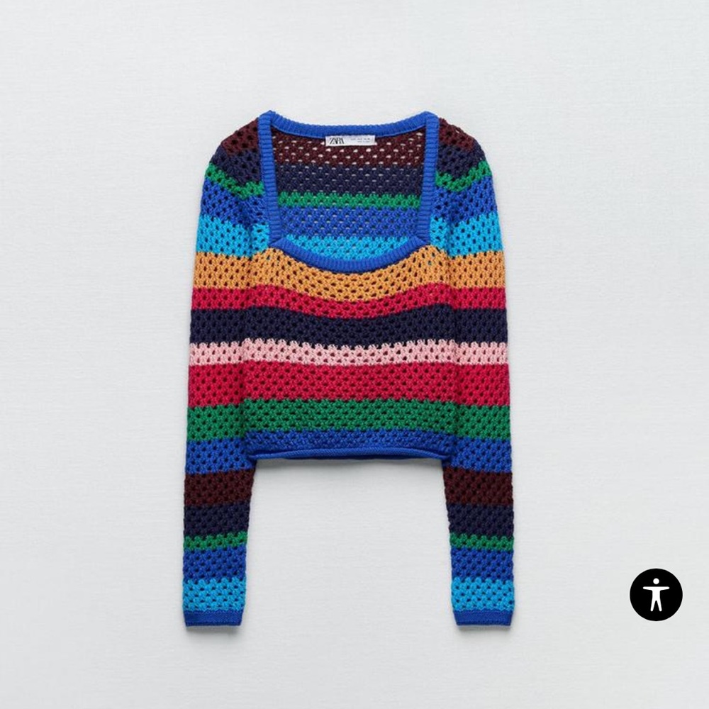 Zara Women's Rainbow Stripe Crochet Knit Square Neck Sweater, Size S